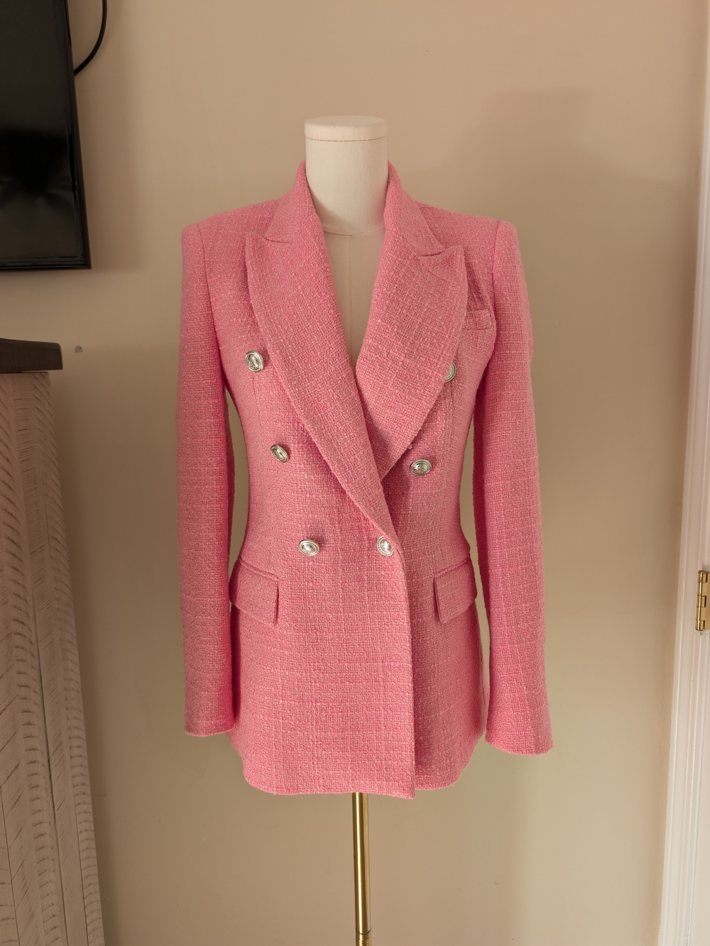 NWT ZARA Pink Textured Tweed Double Breasted Blazer XS 2324/687
